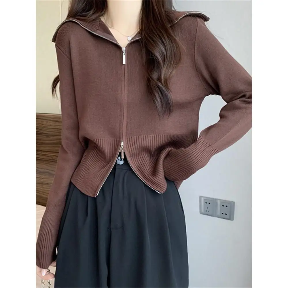 Lapel Collar Women New Double Zipper Lapel Collar Knitting Cardigan Spring Office Lady Solid Color All-match Shoulder Tops