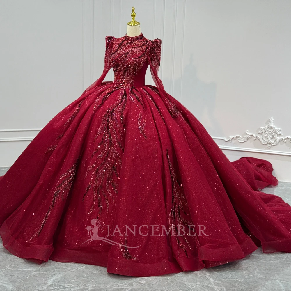 Robes de mariée de luxe à manches longues Robes à col haut robes de mariée de pays en dentelle personnalisées à lacets dos paillettes robes de novia