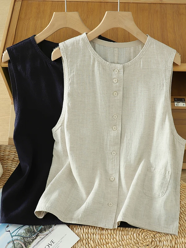 

Retro Japanese Sle Linen Vest Women's Summer Loose round Ne Cotton Linen oulder Pad Top Layered Wear Slimming Effect