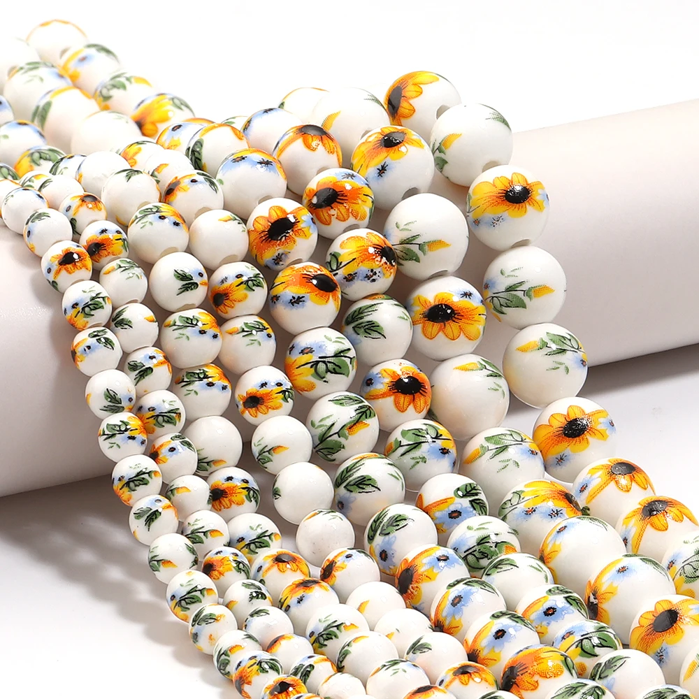 6/8/10/12mm Gelbe Kleine Blumen-Keramikperlen Runde Lose Abstandsperlen für DIY Schmuckherstellung Armbänder Halsketten Zubehör