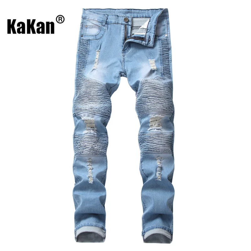 Kakan - Street  Brand Motorcycle Men's Individualized Pleated Slim Fit Skinny Jeans, New Broken Long Jeans K010-999