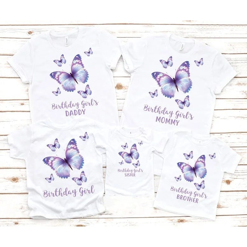 Butterfly Girl Birthday Family Set T-shirt Summer Mom Dad Brothers and Sisters Harajuku Birthday Girl Party Shirts for Children