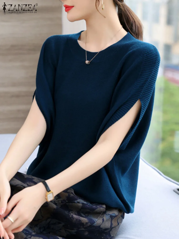 ZANZEA Bat Sleeve Stylish Tops Solid Color Elegant Women Casual Loose Blouses O Neck Korean Fashion Knitted Commute T-shirts