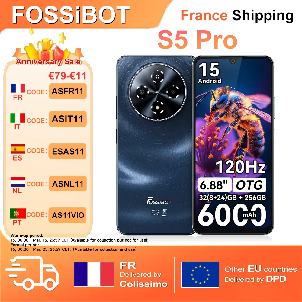 Fossibot S5 Pro Smartphone 6.88" HD+ 32(8+24)GB+256GB,Android 15,6000mAh, 120Hz,OTG,50MP,Side fingerprint,Stylish& portable