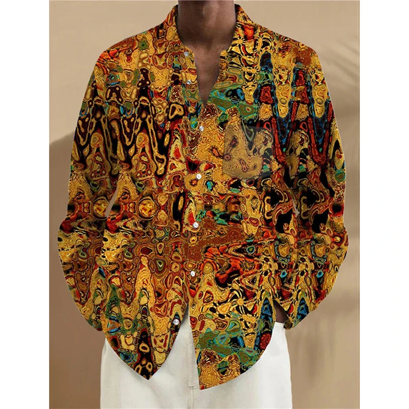 Chemises boutonnées à manches longues pour hommes, imprimé complet, motif abstrait artistique, chemise décontractée pour hommes, grande taille, chemisier coloré