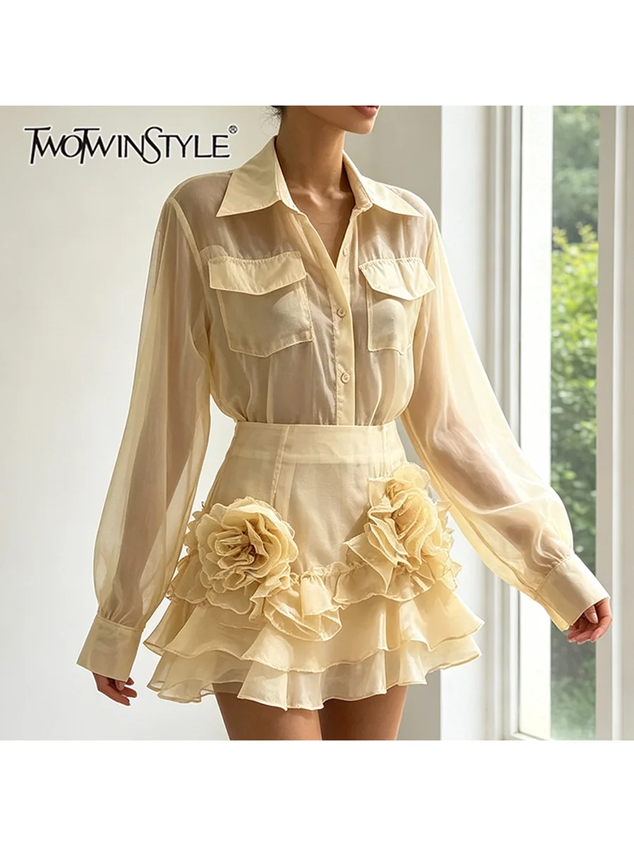TWOTWINSTYLE 3D Flower Spliced Ruffle Slim Two Piece Set for Women Lapel Neck Long Sleeve Top High Waist Mini Skirt Sets Female