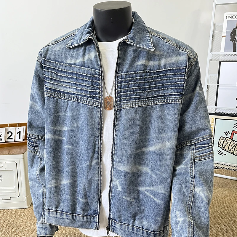 

Retro American Washed Tie Dye Men's Denim Jacket Autumn High Street Trendy Spray Paint Design Sense Motorcycle Jacket