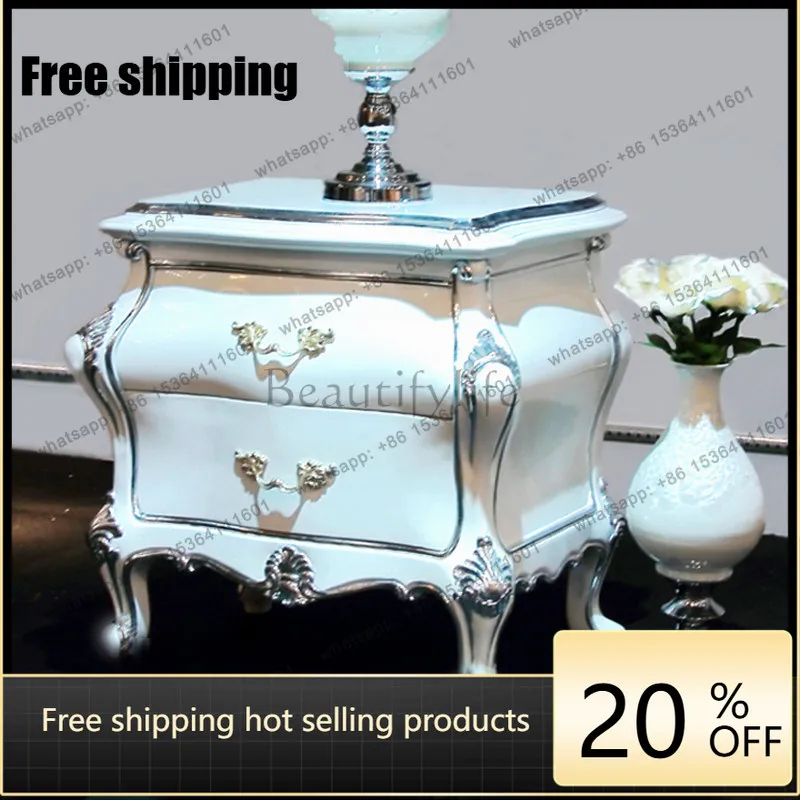 hot  classical European light luxury solid wood carving white silver foil bedside table simple and modern customizationFactory D