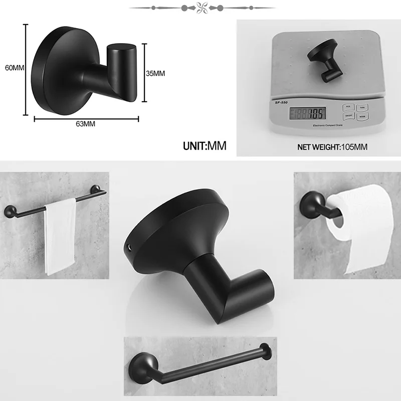 

SimpleStyle Black Bathroom Accessories Set - Towel Bar Shelf Ring Toilet Paper Holder Wall Hook Stainless Steel Hanger