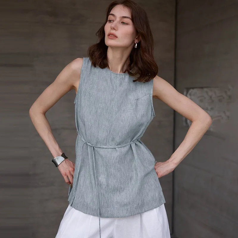

Retro 100% Linen Women's Tank Top Round Neck Sleeveless Summer Lace-up Loose Blue Green Shirt Vintage Ladies Streetwear Tops