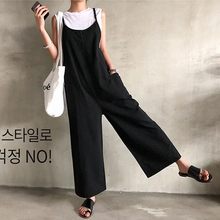 Black Cotton Linen Wide Leg Jumpsuit Trendy Loose Casual Pants Low Waist Pocket Detail Nine Points Length Fashionable Design