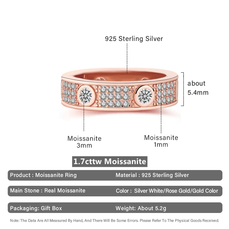 D اللون 1.7CT جميع خواتم الماس مويسانيتي للنساء الرجال حفل زفاف مجوهرات فاخرة S925 فضة صف خاتم الاتجاه 2024