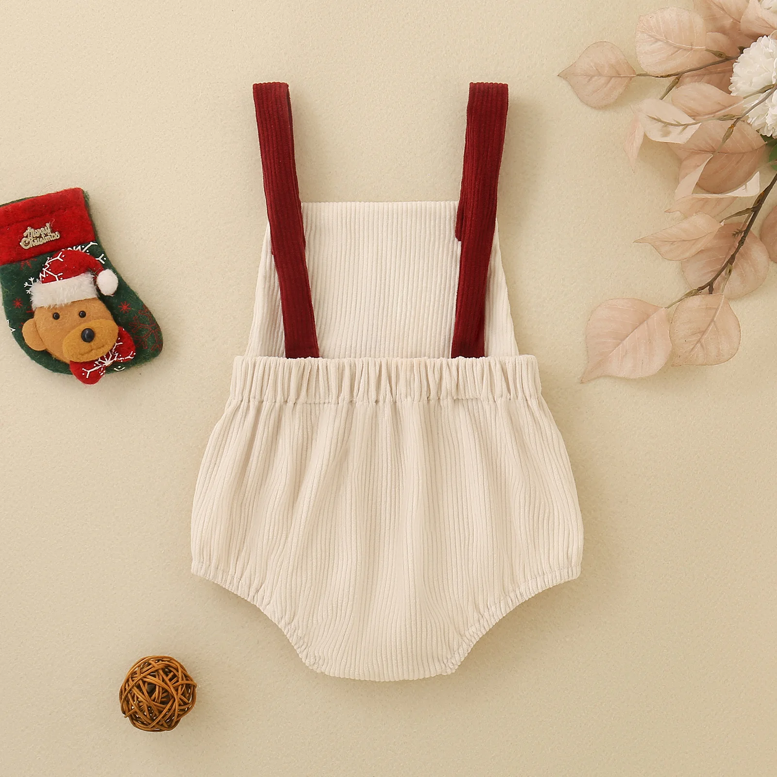 Newborn Baby My First Christmas Suspender Bodysuit Corduroy Santa Claus Embroidery Infant Sleeveless Holiday Romper Outfit