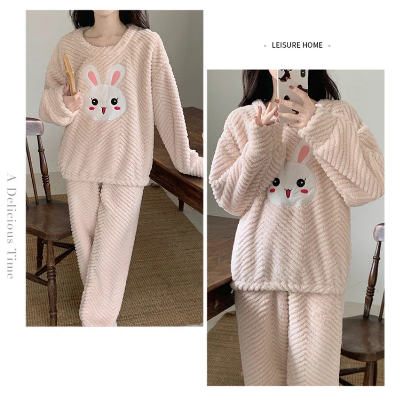 5XL Plus Size Thickened Warm Pajamas Women Winter Two Pieces Set Flannel Homewear O-Neck Loose Cartoon Rabbit Ladies Sleepwear