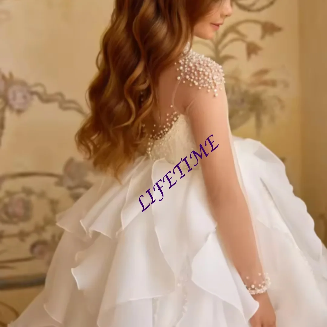 فساتين فتاة الزهور البيضاء المخصصة لحفلات الزفاف برقبة عالية مطرز بالخرز وكشكشة أول مناولة لحفلات أعياد ميلاد الفتيات الصغيرات #2