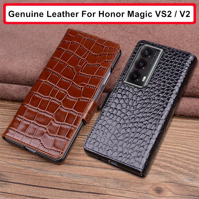 

Genuine Cowhide Leather Flip Case For Honor Magic VS2 V2 RSR Crocodile Alligator Grids Litchi Grain Magnetic Buckle Fold Cover