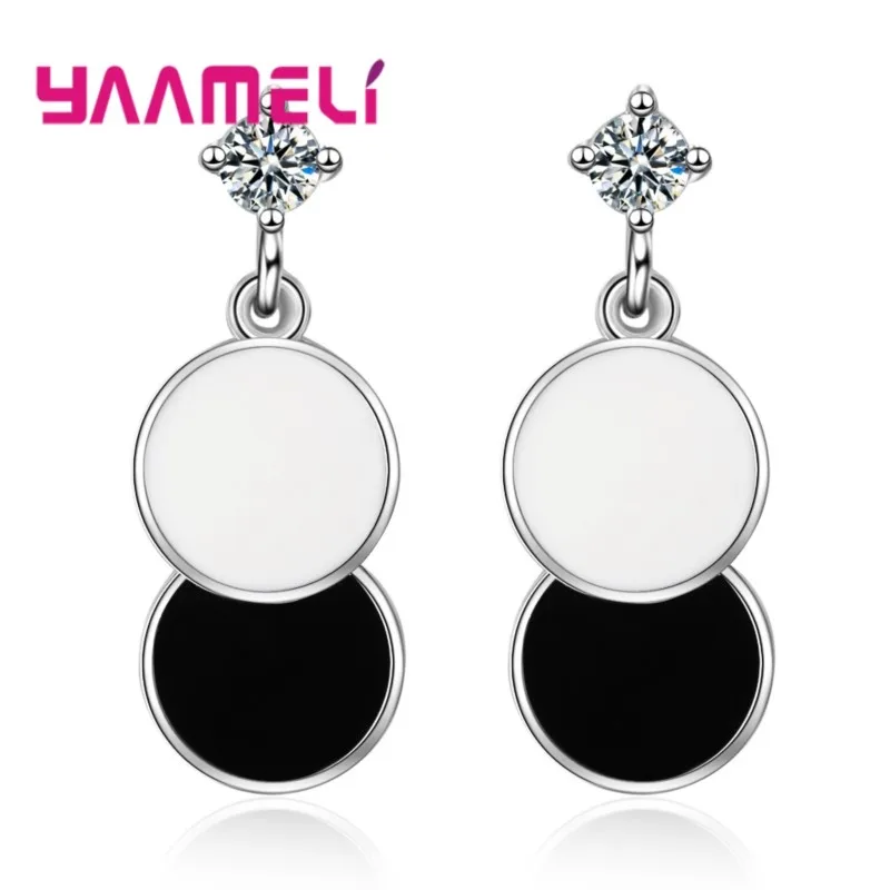 Attractive Romantic Style White & Black Round 925 Sterling Silver Drop Earrings For Women/Ladies/Girls Fashion Korean Jewelry