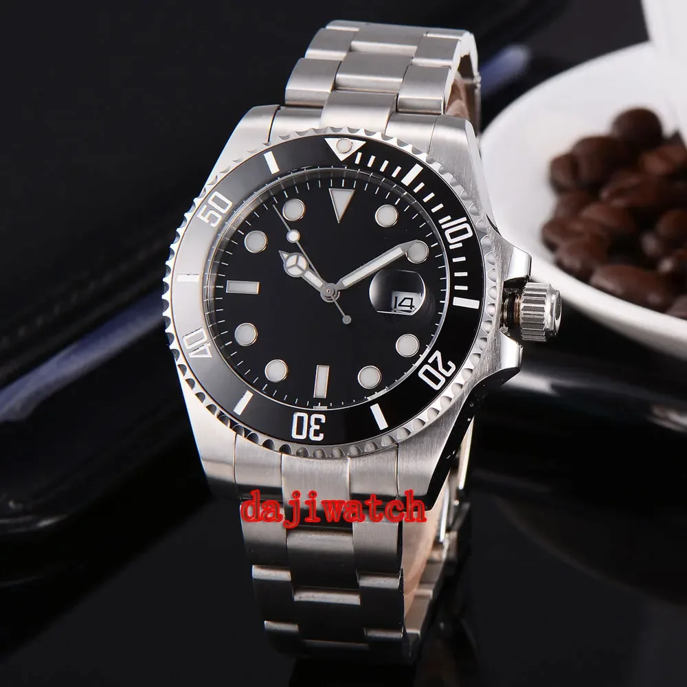 

43mm Bliger black Dial SUB Sapphire crystal calendar miyota 8215 mechanical man watches steel bracelet Automatic mens watch