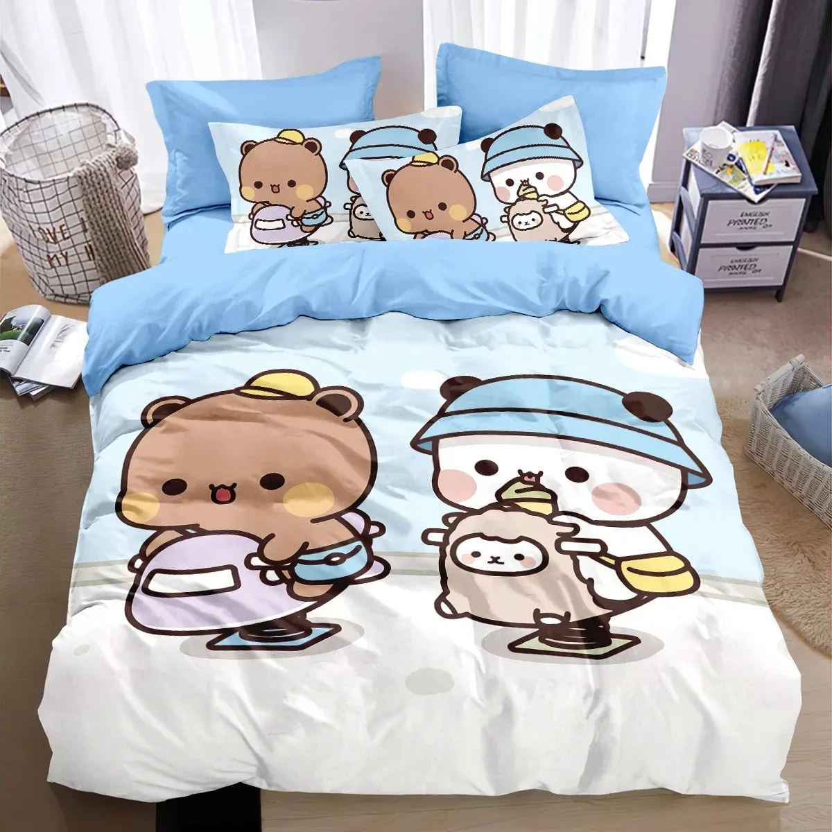 Cartoon Style Bear Bubu and Dudu Duvet Covers, Kids Bedding Set Quilt Cover Twin Full Bedroom Bed Decor for Teens Best Gifts