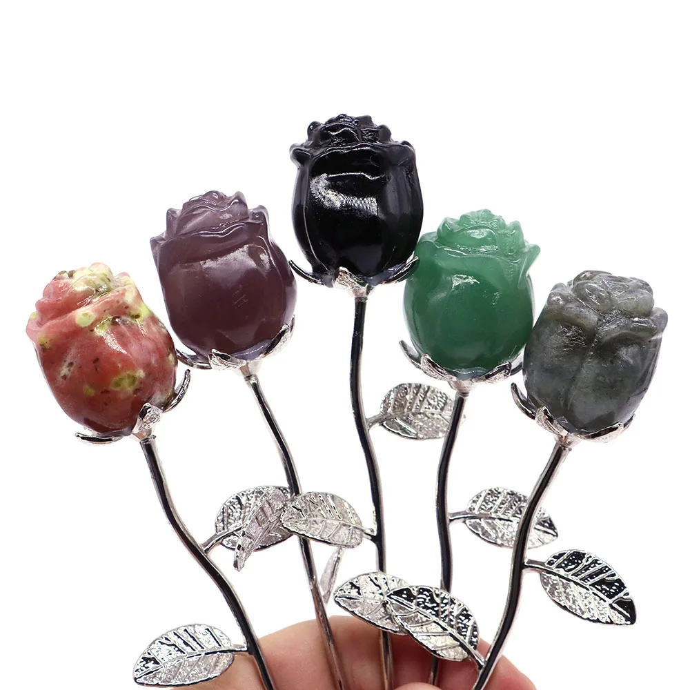 Rose Flower Bouquet for Valentines Day, Weddings, Birthdays Gifts, Natural Stone Crystal Carved Quartz Party Home Decoration