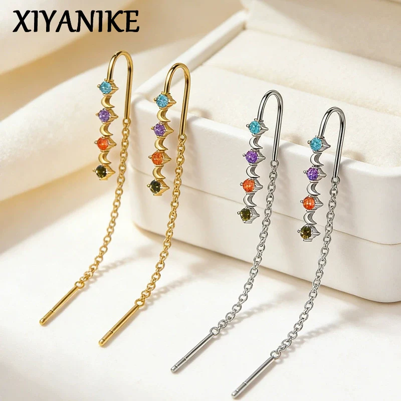 XIYANIKE Colorful Crystal Moon Tassel Drop Dangle Earrings For Women Girl Fashion New Jewelry Accessories Gift Party серьги