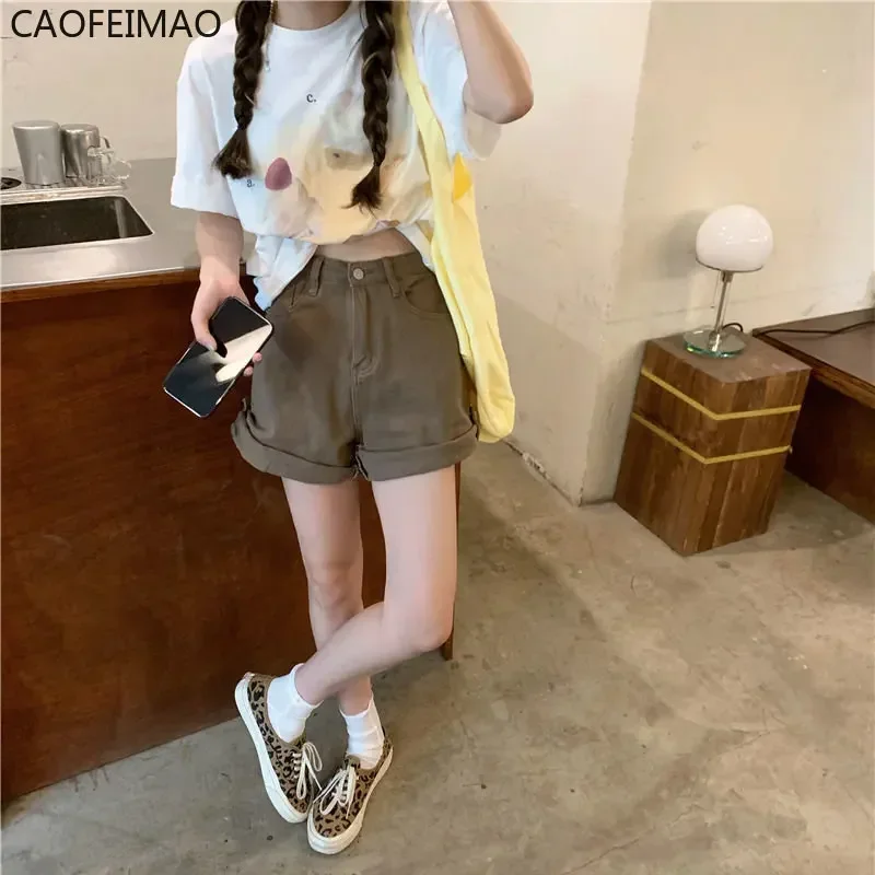 Caofeimao Solid Crimping Shorts Denim Women High Waist Simple Korean Style A-line Vintage Students All-match Fashion Streetwear