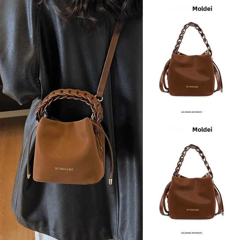 

Модная женская сумка-ведро на осень-зиму, коричневая, из мягкой кожи и полиэстера, с одной ручкой, через плечо, для телефона