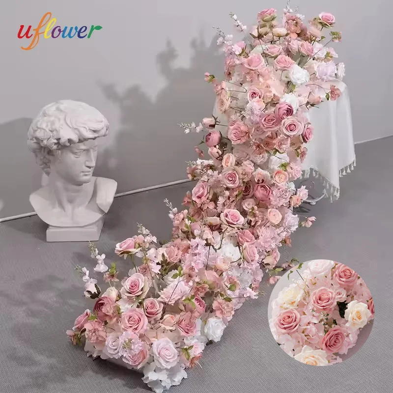 

Pink Rose Artificial Flower Row Runner Wedding Backdrop Table Centerpiece Arch Decoration Hang Floral Road Lead Flower Decor