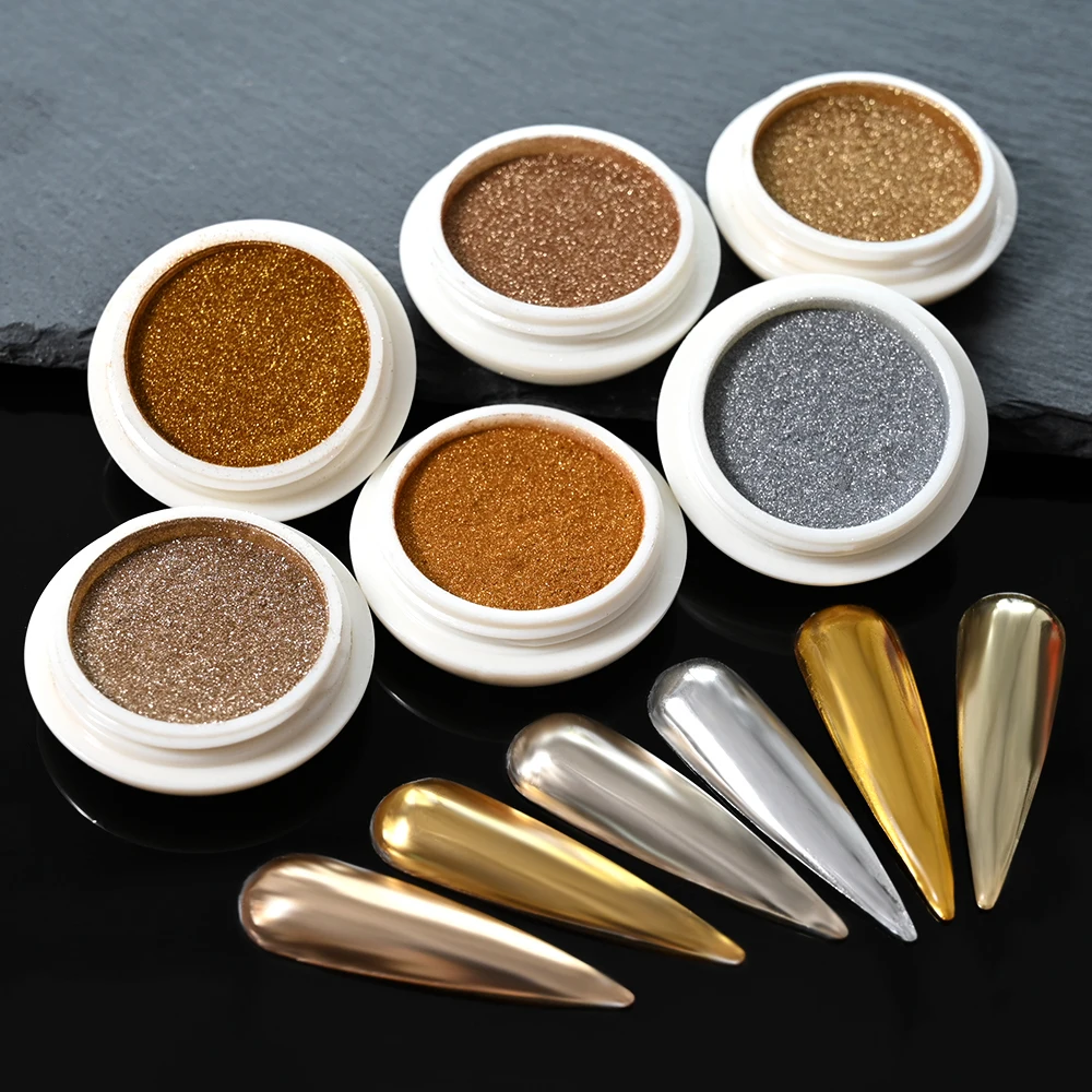 6Pcs/Set Gold Champange Metallic Mirror Nail Glitter Holographic Silver Chrome Dust Powder DIY UV Gel Polish Magic Mirror Powder