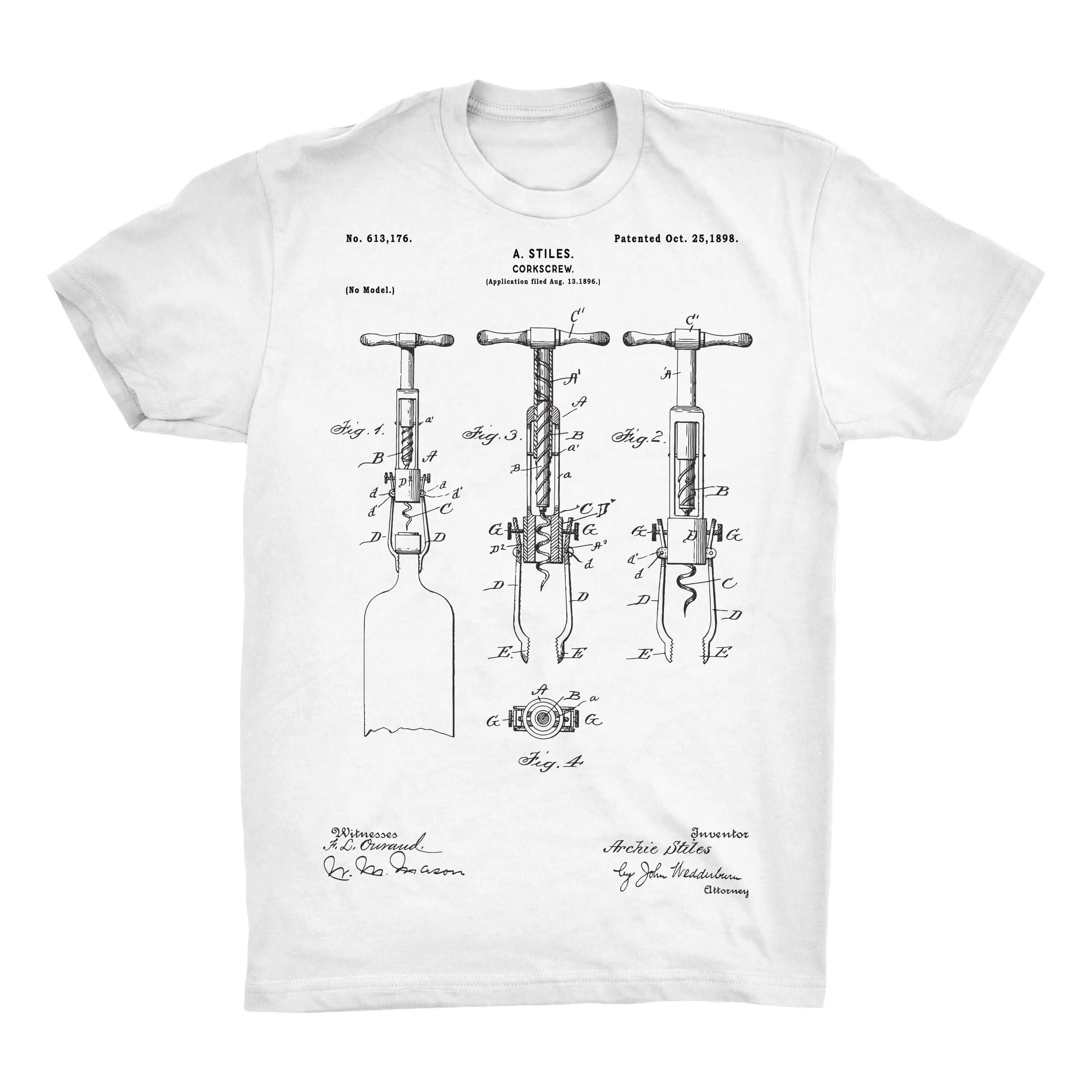 Corkscrew Patent 2 T Shirt On Black Red White or Gray 100 Soft Premium Cotton and Comfy