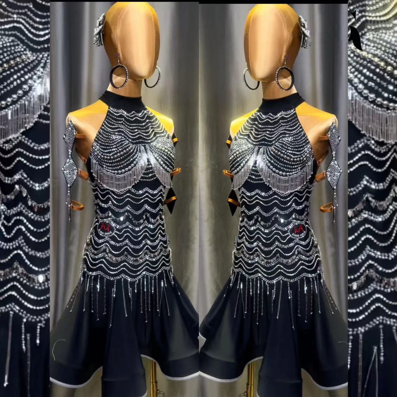 Vestido de baile latino para niños y adultos, piedra AB, alta gama, personalizado, negro, plateado, cuello colgante, gran columpio, ropa de mujer de Tango con precisión