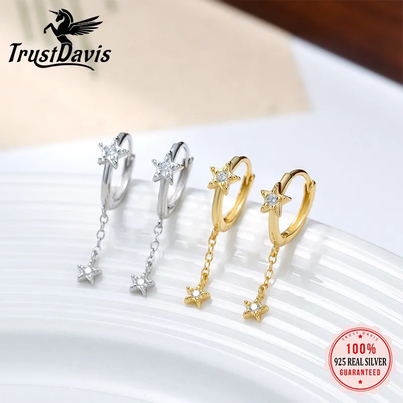 

TrustDavis 925 Real Sterling Silver Fashion Simple Star Tassel Hoop Earrings for Women Punk Fine Jewelry DS3968