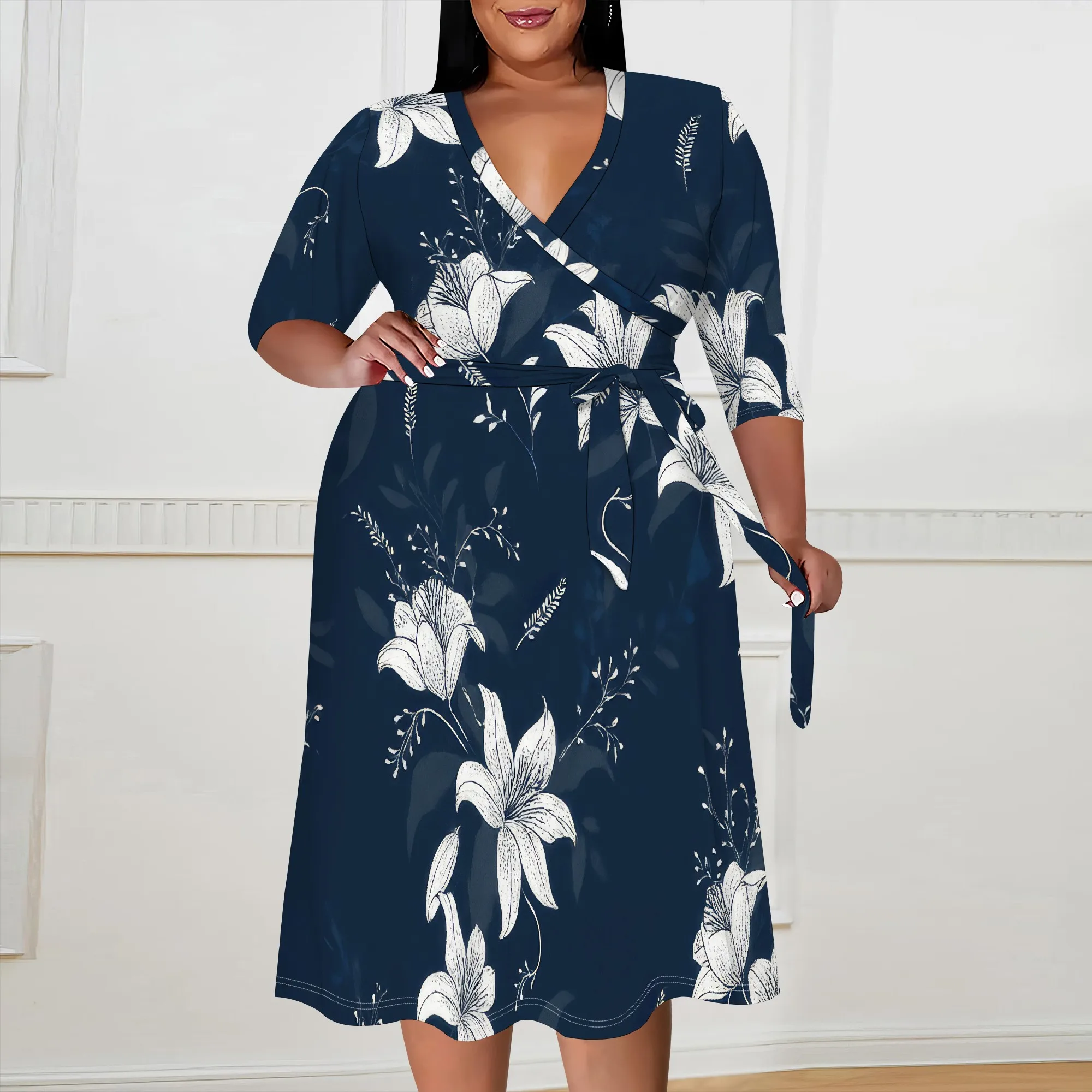 Women's Floral Print Maxi Dresses Summer with Pockets Casual 3/4 Sleeve V-Neck Wrap Tie Waist Long Dress