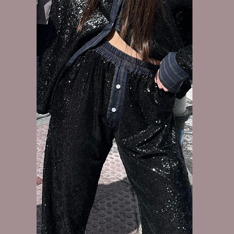 ساطع الترتر سراويل نسائية بريق المرقعة مستقيم الساق بنطلون عادية مرونة الخصر التخسيس بانت طويل 2025 سيدة جديدة بانت #4