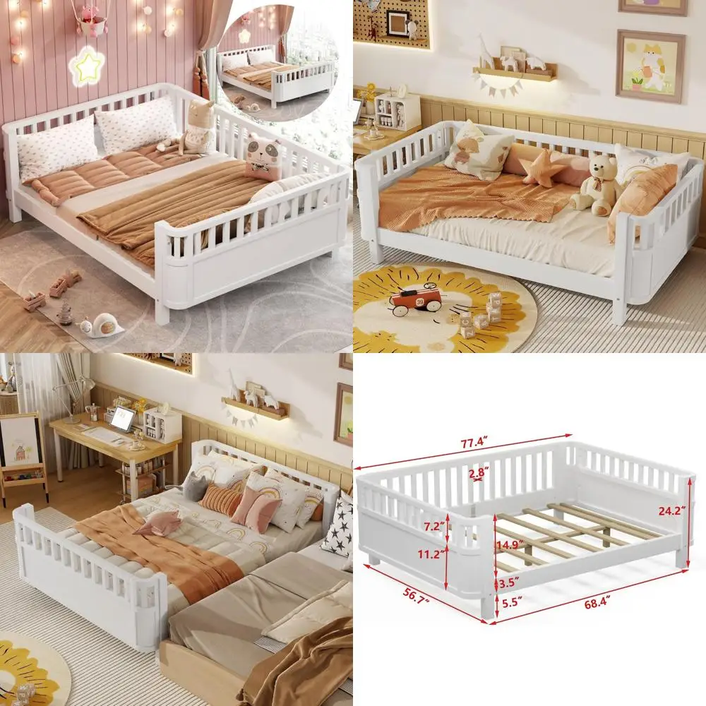 Tempat Tidur Kayu Ukuran Penuh Bergaya Montessori dengan Profil Rendah dan Rel Pengaman, Tempat Tidur Anak Hemat-Ruang untuk Anak Laki-Laki