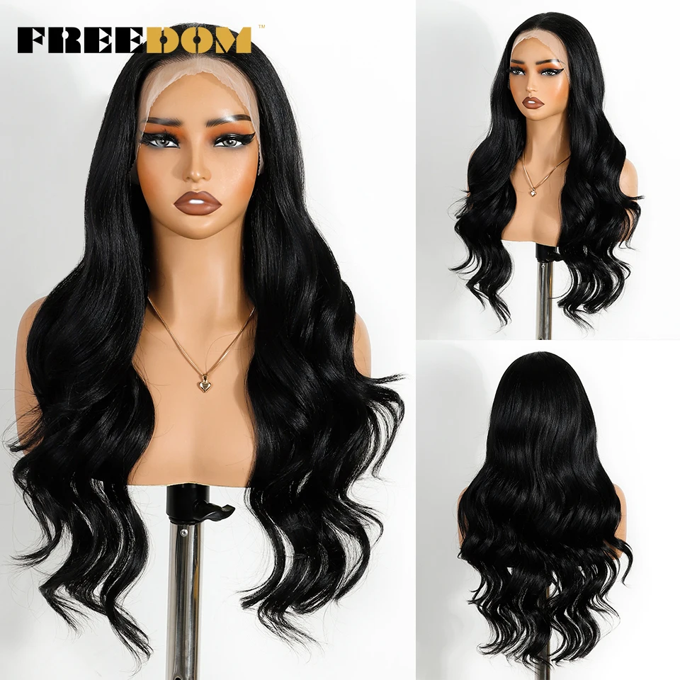 FREEDOM 13x4 Synthetische Lace-Front-Perücken für Damen, 26 Zoll, Body Wave, mit freiem Scheitel, natürliche, vorgezupfte Lace-Front-Perücke für den täglichen Gebrauch – Detail 9