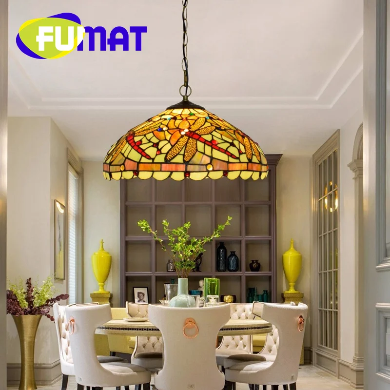 

FUMAT Tiffany Stained glass 16 inch American style Dragonfly Chandelier Art Deco Hotel Dining Room bedroom hanging light