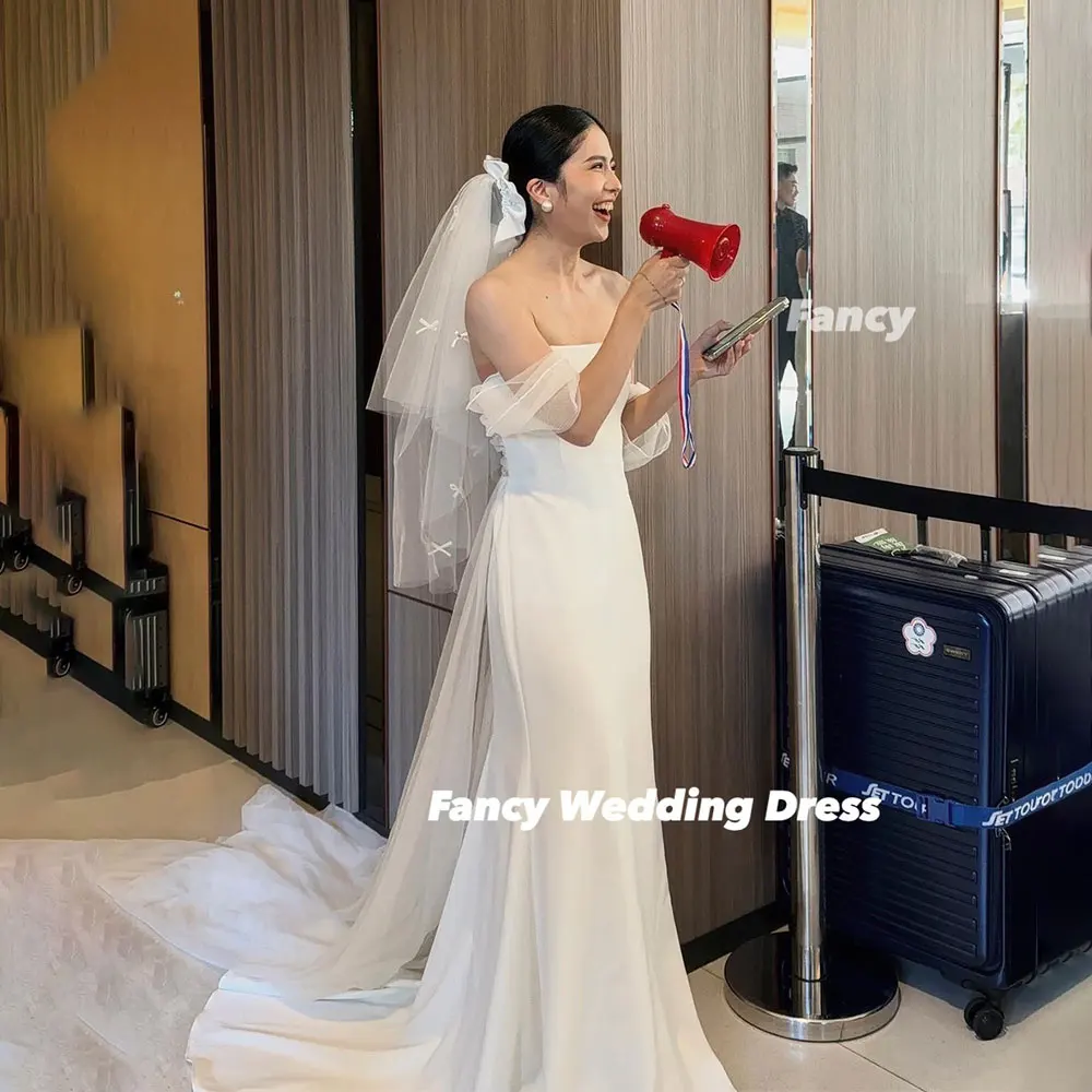 Fancy Simple Off Shoulder Korea Wedding Dress Mermaid Elastic Satin Prom Gown With Tail 웨딩드레스 Customized