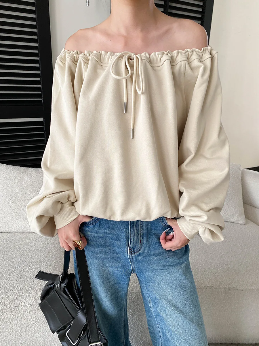 Autumn women's casual solid color loose adjustable drawstring off shoulder sweatshirt