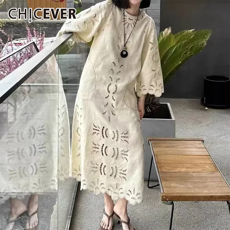 

CHICEVER Hollow Out Women Long Dresses O Neck Flare Sleeve Loose Waist Solid Embroidery Casual Vintage Dress Female Autumn Style