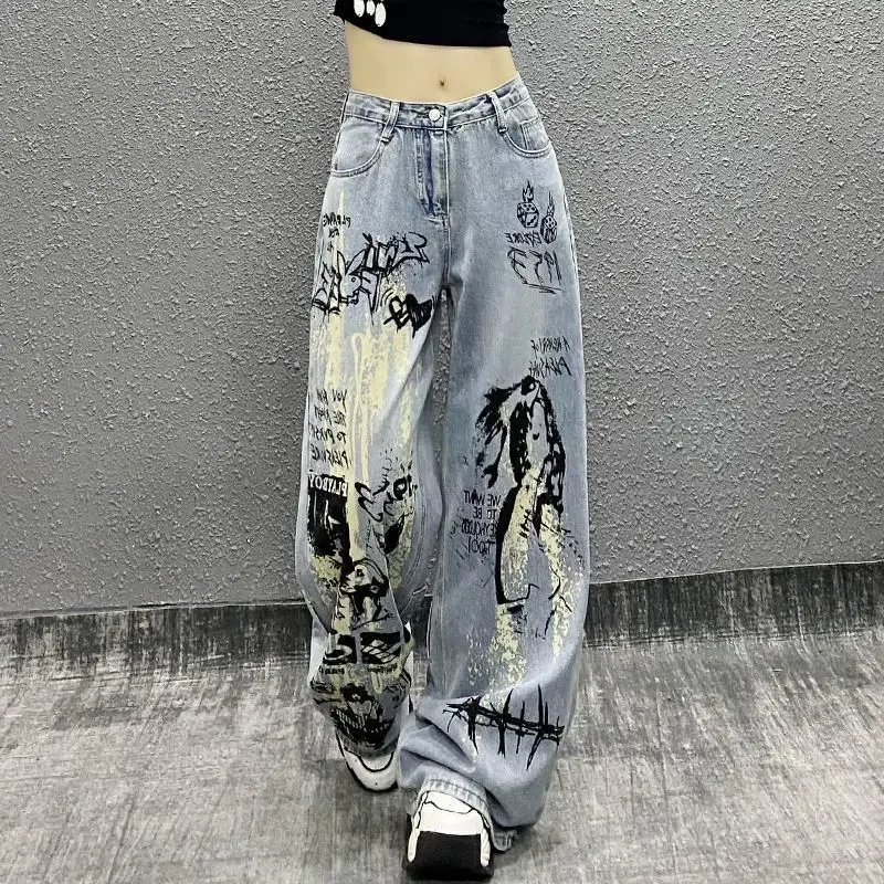 Summer Print High Waist Loose Slim Straight Leg Pants Handsome Spray Paint Splash-ink Design Washed Jeans for Women's Pants