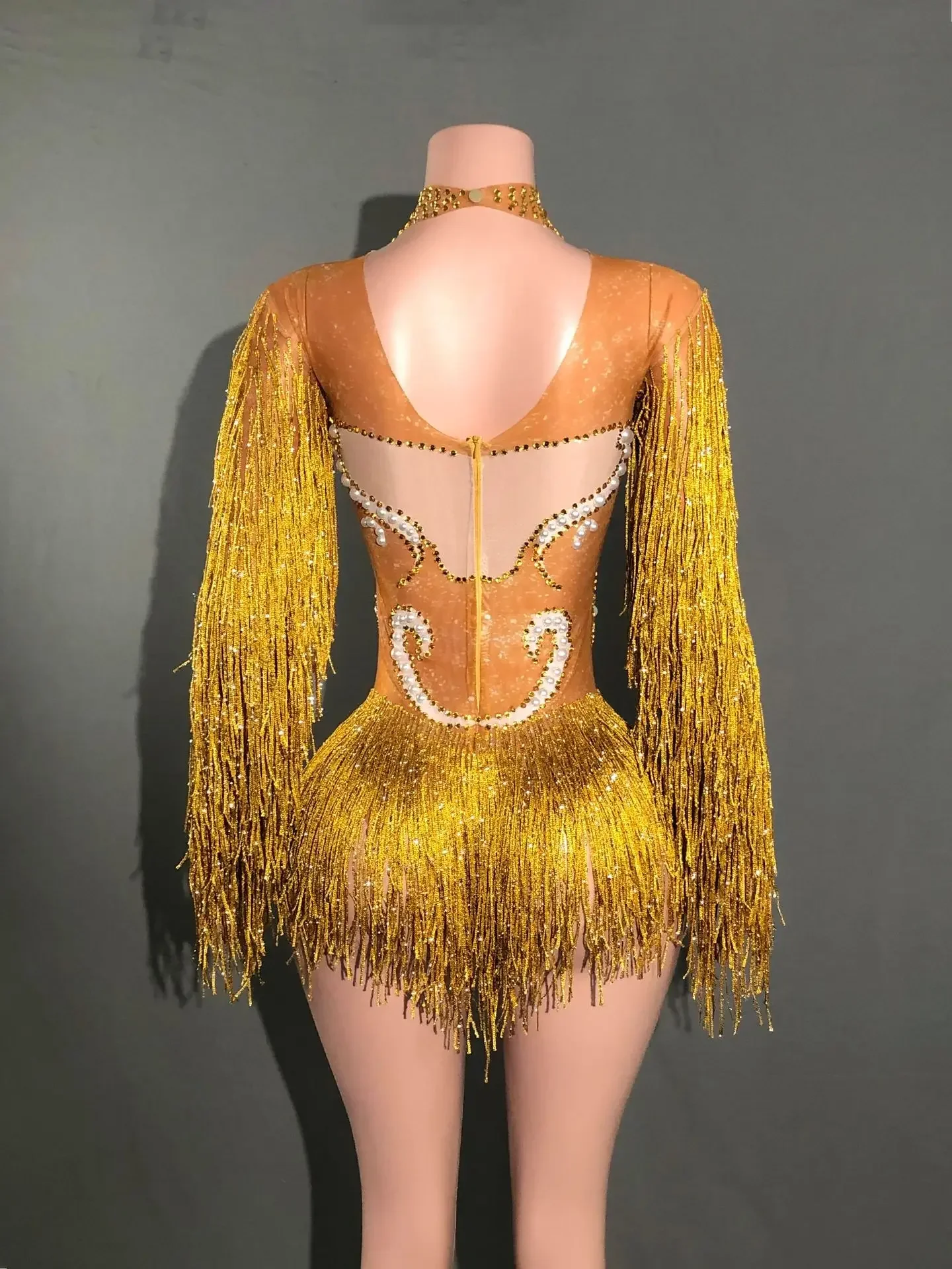 Neues Tanzkostüm für Frauen, Geburtstagsparty-Outfit, Luxuriöser Grauer Fransen-Body mit Silberfarbenen Strasssteinen und Perlen, Transparenter Bodysuit – Detail 3