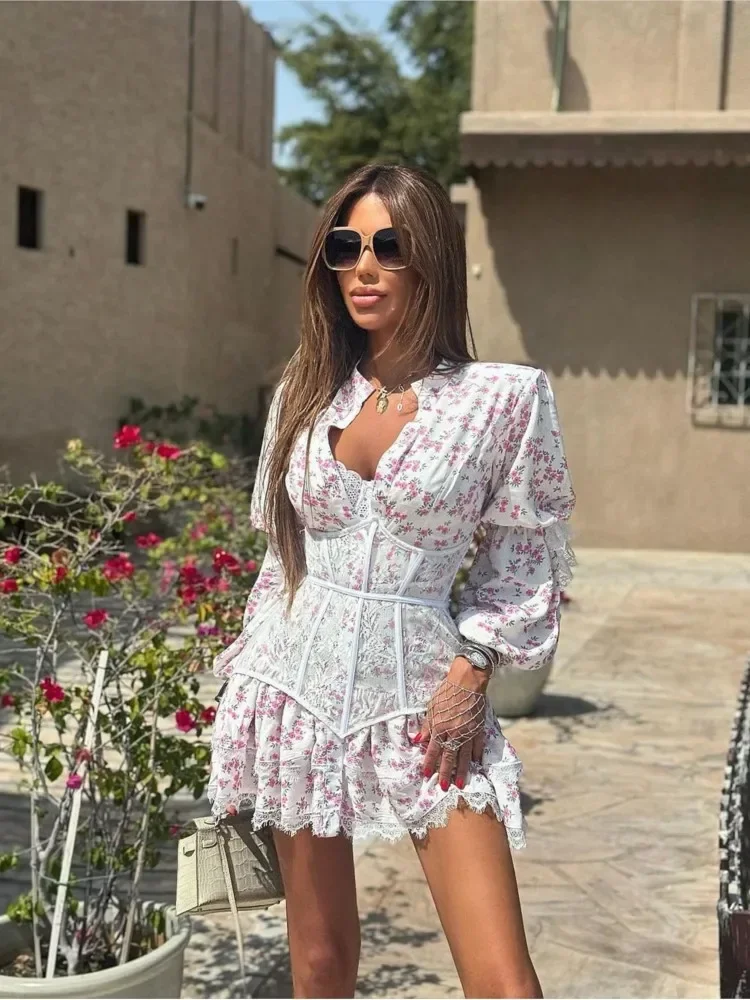 Elegante abito in vita a maniche lunghe per donna Primavera Estate Dolce stampa floreale in pizzo impiombato ​ ​ Abiti da festa corti Donna 2025