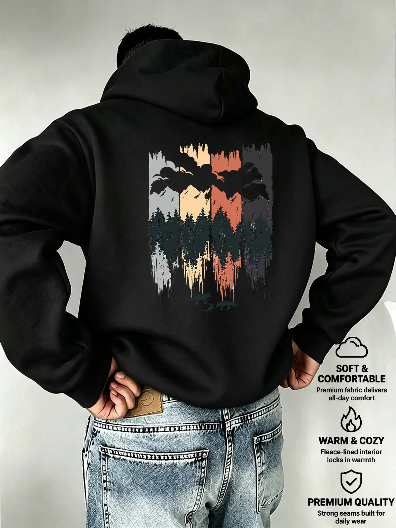 Wild Animal Forest Landscape Theme Men Hooded Pullover Front‑Back Watercolor Wolf Scenery Print Daily Outerwear Hoodie