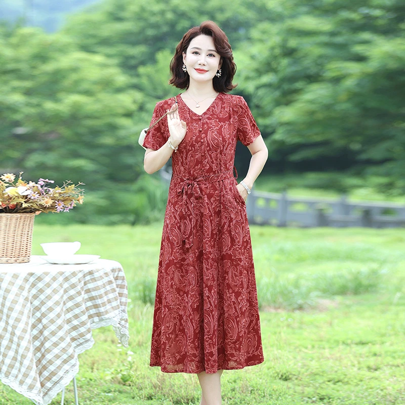 新しいミディアム丈痩身フラワープリントドレス夏の母親の服装 V ネック半袖プリント A ラインスカート