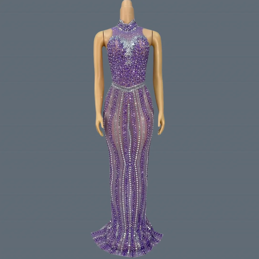 

High-quality Purple Crystals Sexy Evening Gown Luxury Dinners Ball Dress Women's Birthday Party Stage Elegant Mesh Dress zizi