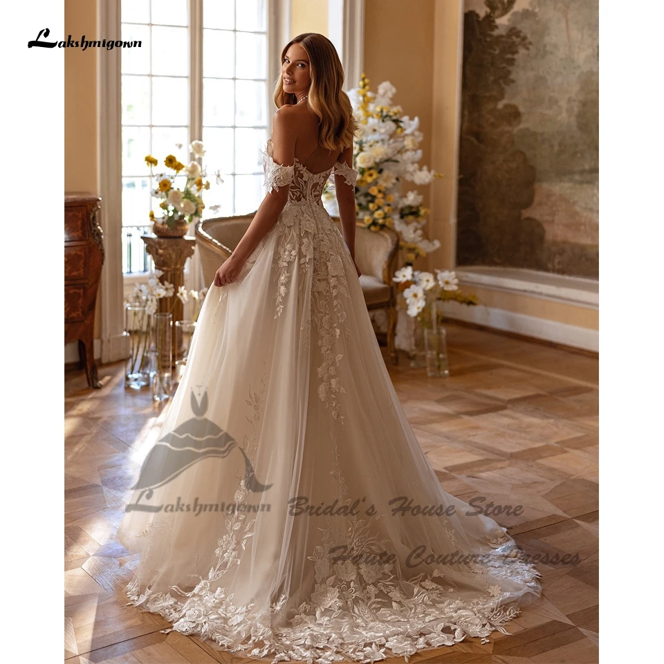 Lakshmigown Luxuriöse Spitzen-Boho-Strandhochzeitskleider 2026, schulterfreie, glitzernde Tüll-Brautkleider, lange Brautkleider mit Herzausschnitt, Vestido De Novia – Detail 5