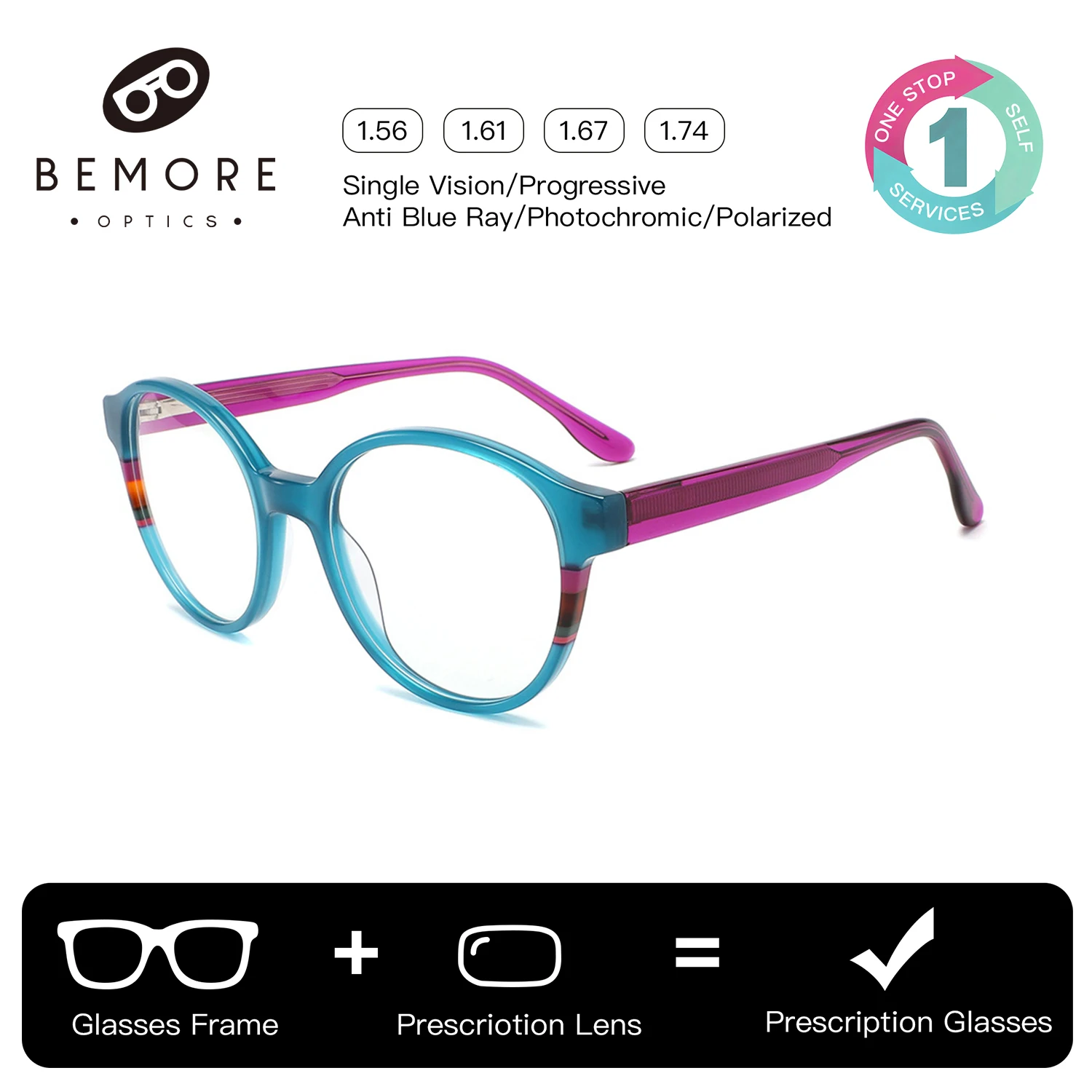 

BEMORE Custom Handmade Acetate Round Progressive Multifocal Lenses Blue Light Blocking Photochromic Grey Prescription Glasses