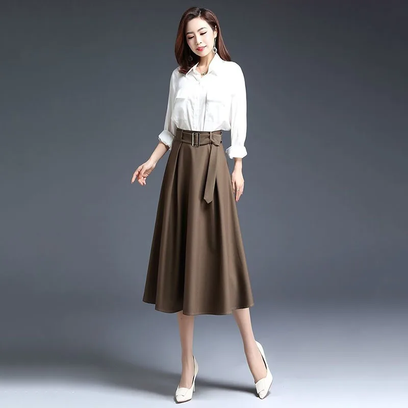 Female Half Body A Character Skirt Pring Summer New High Waist Medium Long Camel Pleated Loose Lady Fashion Elegant Long Skirt