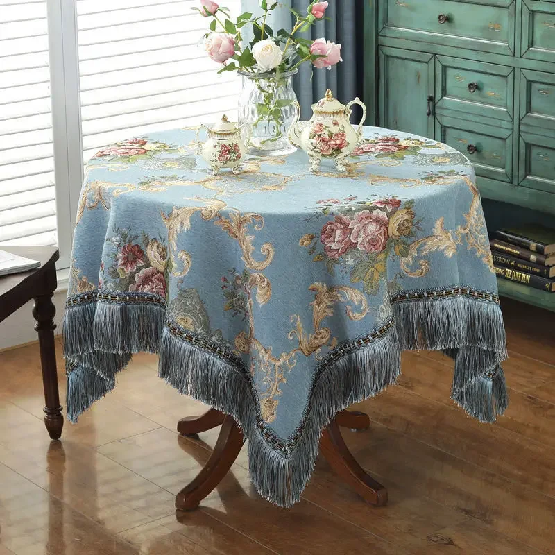 Mantel con borlas de flores de estilo europeo, cubierta de mesa Rectangular de chenilla gruesa, mesa de comedor redonda, tela de café a prueba de polvo